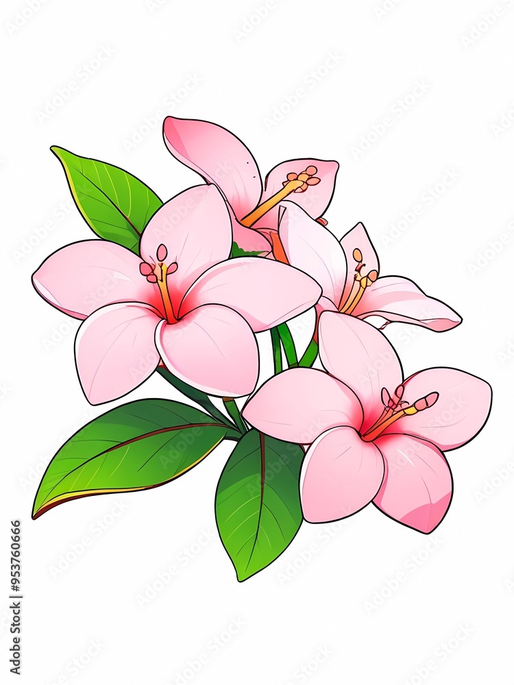Fototapeta premium illustration of pink frangipani flowers blooming on a white background