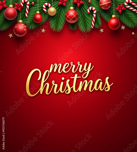 Merry Christmas Greeting Card with Red and Gold Decorations