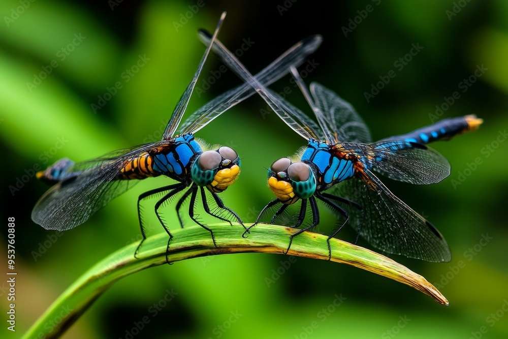 Dragonflies, perched on a stem, momentarily still reflect the calm in the midst of their active lives Dragonflies, perched on a stem, momentarily still reflect the calm in the midst of their active lives