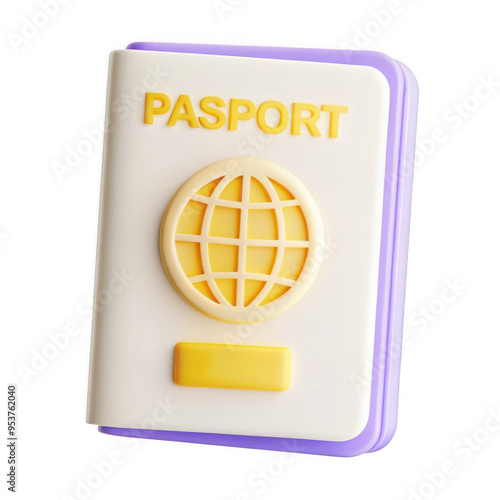 3d rendered image of a passport with a globe icon on the cover the text passport is displayed in yellow letters against a white background with purple accents photo