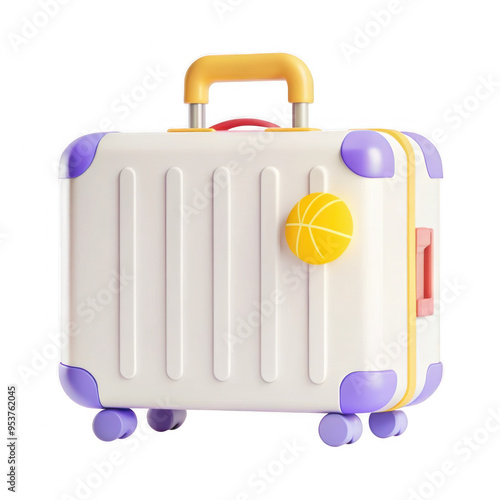This image shows a small suitcase designed for young children The suitcase is white with purple and yellow accents featuring an orange basketball design on one side making it a fun choice for kids
