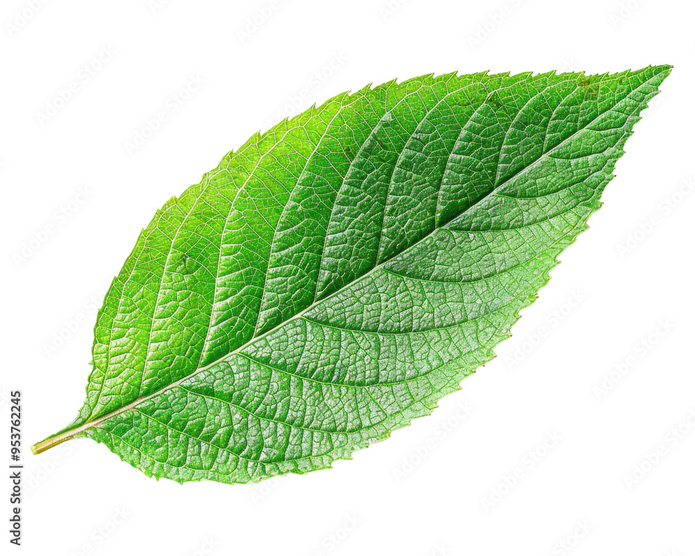 Fototapeta premium A vibrant green leaf showcasing its intricate vein structure and natural texture.