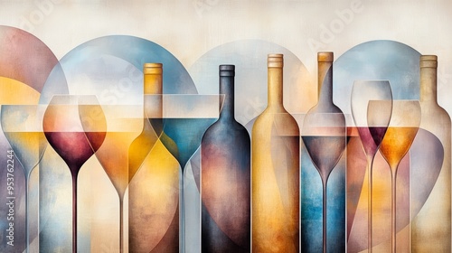 Colorful abstract composition of wine bottles and glasses, showcasing elegance and artistic design perfect for wine-themed decor.
