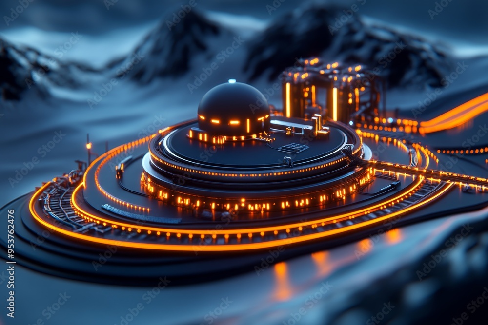 Obraz premium Geothermal energy advancements are depicted in a futuristic illustration of a high-tech geothermal power plant
