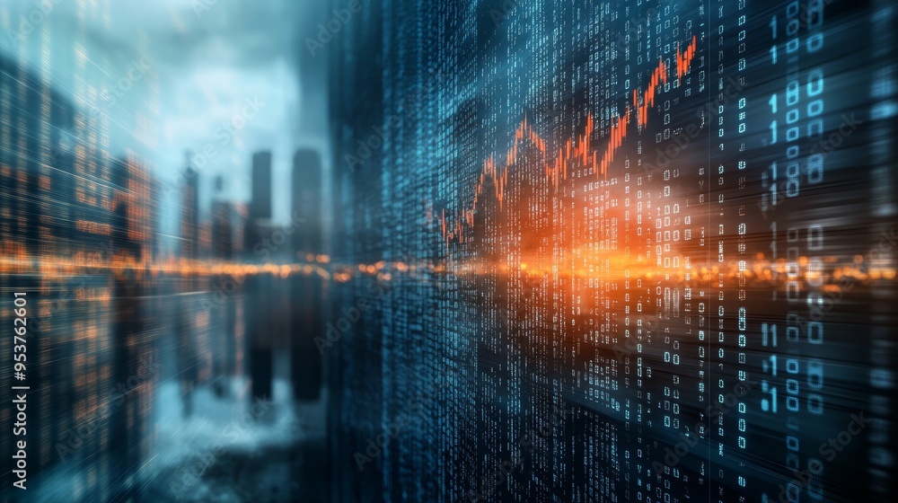 Fototapeta premium A futuristic cityscape with digital elements, showcasing data streams and a rising graph, representing technology and finance.