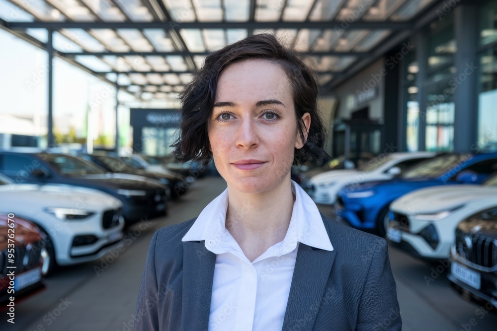 Businesswoman car showroom. Young woman wearing a business suit standing in a car showroom. Businesswoman car showroom. Young woman wearing a business suit standing in a car showroom.