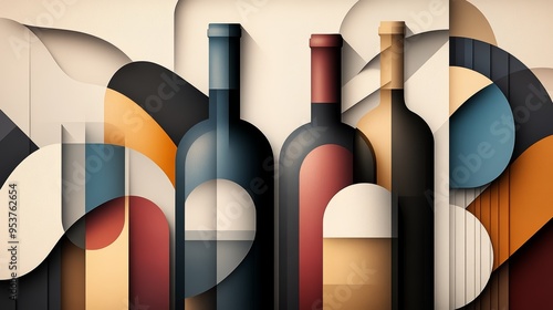 Stylized illustration of wine bottles in a modern abstract design featuring warm colors and geometric shapes.