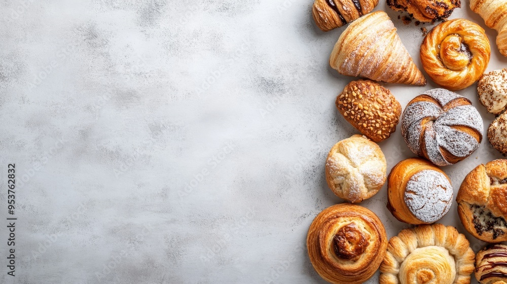 Obraz premium A high-quality AI-generated stock image of a selection of fresh bakery pastries on the right side, leaving ample space on the left for text. Perfect for bakery promotions or food-related content.