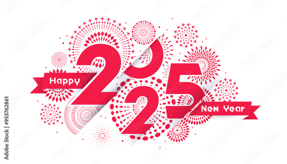 Happy New Year 2025 with fireworks and text design on white background.
Happy New Year 2025 with fireworks and text design on white background.