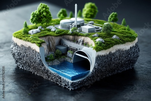 Geothermal energy environmental sustainability is featured in a detailed illustration of a geothermal facility designed to minimize its ecological impact photo