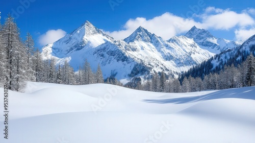 Wallpaper Mural Snow-Capped Peaks with Expansive Sky, a breathtaking winter vista showcasing majestic mountains, inviting exploration and adventure, perfect backdrop for inspirational messages. Torontodigital.ca