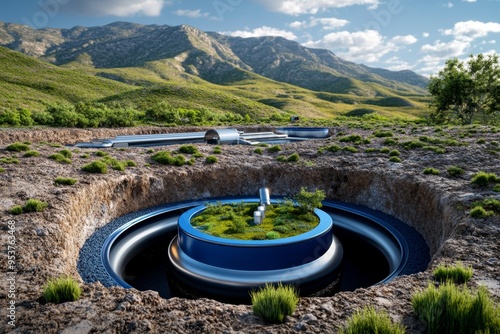 Geothermal energy sustainability and environmental protection are featured in a detailed illustration of a geothermal facility designed to minimize ecological impact photo