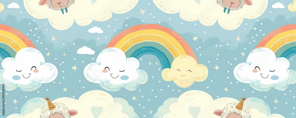 Seamless pattern of fluffy sheep and rainbows on a blue sky background, perfect for children’s designs. Seamless pattern of fluffy sheep and rainbows on a blue sky background, perfect for children’s designs.