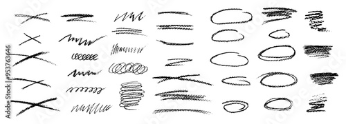 Set of chalk scribble frames and line brush elements. Collection of black wax pencil drawn highlighter spots and cross shapes. Rough crayon vector illustration. Squiggles in children style