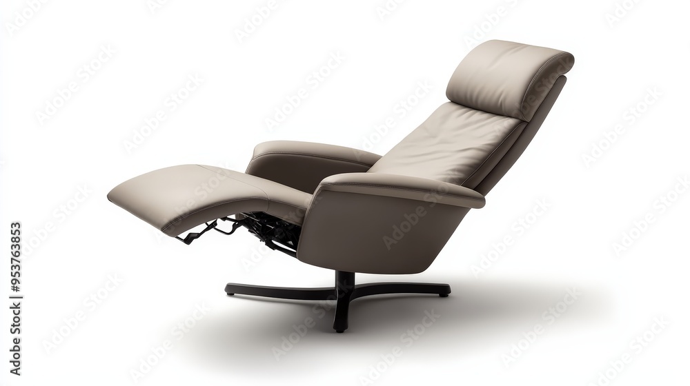 A modern reclining chair with a sleek design, featuring an extended footrest and a curved backrest. A modern reclining chair with a sleek design, featuring an extended footrest and a curved backrest.