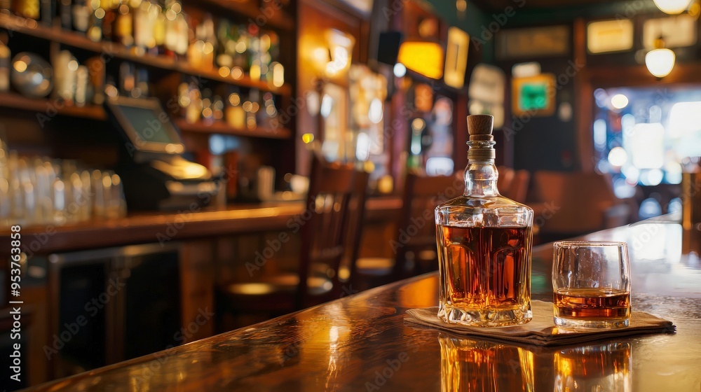 Whiskey and Glass on Bar Counter in a Pub Whiskey and Glass on Bar Counter in a Pub