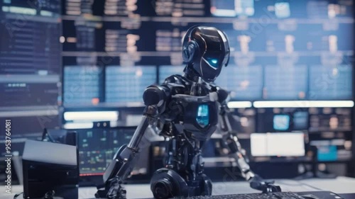  Robot Working at a Computer in a Data Center