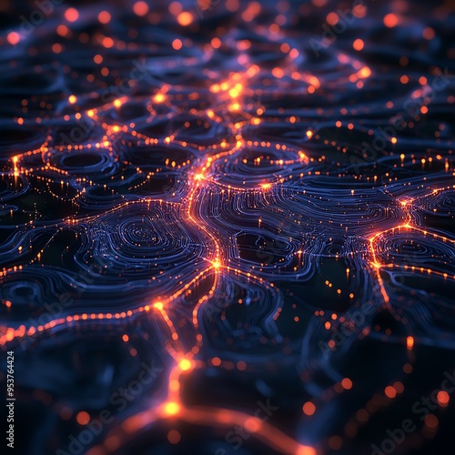 A glowing AI-powered social network with algorithms visualized as interconnected nodes, symbolizing digital connectivity and communication