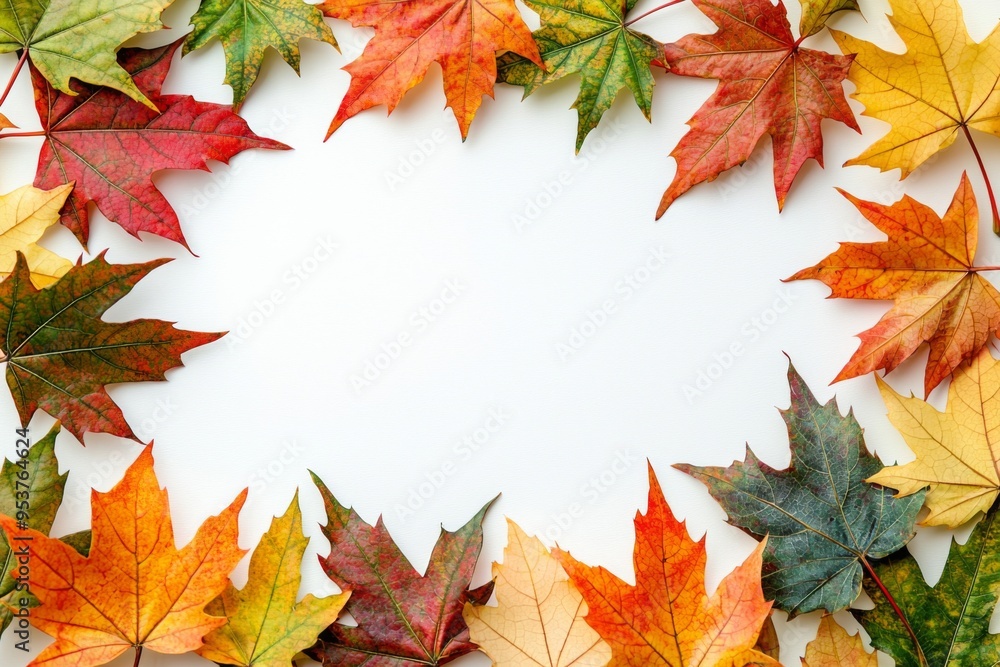 Fototapeta premium Autumn Maple Leaves Flat Lay White Background created with Generative AI