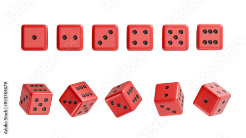 Set of red gambling dice all sides from one to six and rotation animation set view Front view. photo