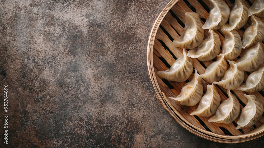 A high-quality AI-generated stock image of a selection of Asian dumplings on the right side, leaving ample space on the left for text. Perfect for menu displays or culinary content. A high-quality AI-generated stock image of a selection of Asian dumplings on the right side, leaving ample space on the left for text. Perfect for menu displays or culinary content.