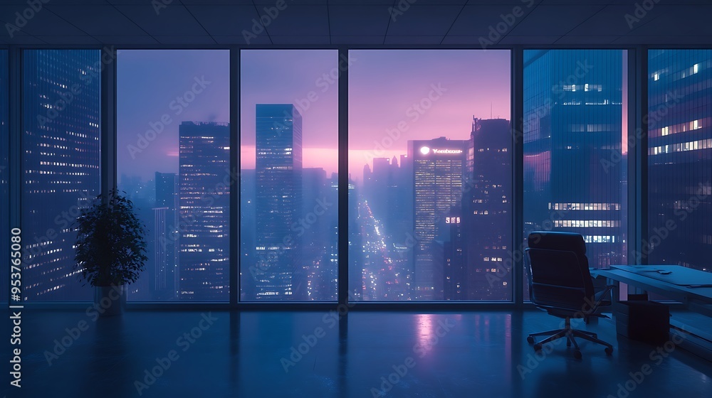 Office with a View of a Cityscape at Dusk Office with a View of a Cityscape at Dusk