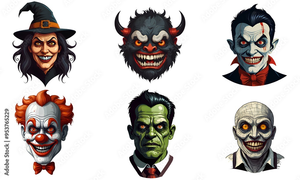 Set of cartoon horror devil, frankenstein, clown, witch, vampire, mummy character faces. vector illustration of evil devil, frankenstein, clown, witch, vampire, mummy smile scary circus monsters. Set of cartoon horror devil, frankenstein, clown, witch, vampire, mummy character faces. vector illustration of evil devil, frankenstein, clown, witch, vampire, mummy smile scary circus monsters.