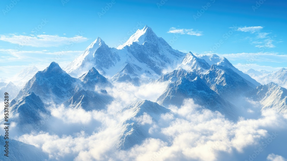 A breathtaking view of the snow-capped peaks of the Himalayas under a clear blue sky, with rolling clouds below. A breathtaking view of the snow-capped peaks of the Himalayas under a clear blue sky, with rolling clouds below.