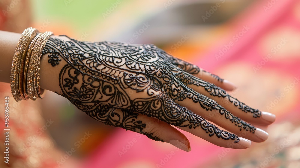A close-up of a mehndi (henna) design being applied on a hand, with intricate patterns covering the skin. A close-up of a mehndi (henna) design being applied on a hand, with intricate patterns covering the skin.