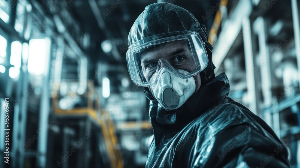 A Man in a Protective Suit and Respirator Looking Directly at the Camera A Man in a Protective Suit and Respirator Looking Directly at the Camera