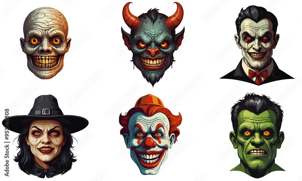 Set of cartoon horror devil, frankenstein, clown, witch, vampire, mummy character faces. vector illustration of evil devil, frankenstein, clown, witch, vampire, mummy smile scary circus monsters. Set of cartoon horror devil, frankenstein, clown, witch, vampire, mummy character faces. vector illustration of evil devil, frankenstein, clown, witch, vampire, mummy smile scary circus monsters.