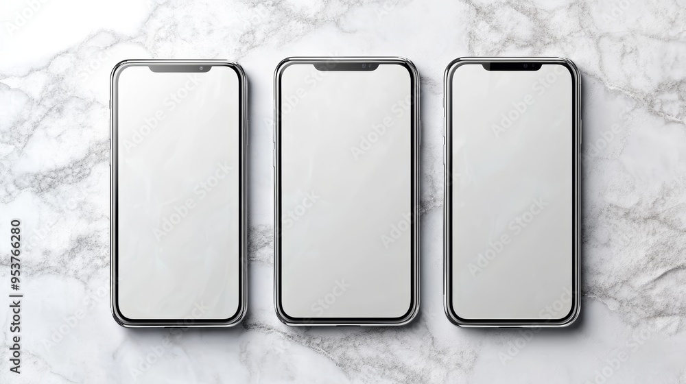 Three modern smartphones with blank screens arranged on a marble surface, ideal for technology and design concepts. Three modern smartphones with blank screens arranged on a marble surface, ideal for technology and design concepts.