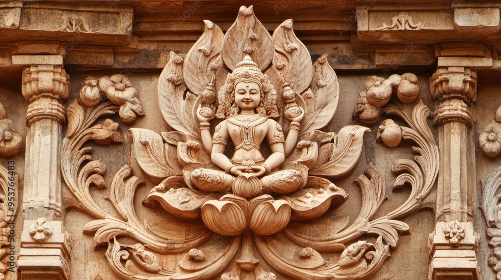A close-up of the detailed lotus motif carved on the walls of an Indian temple. A close-up of the detailed lotus motif carved on the walls of an Indian temple.