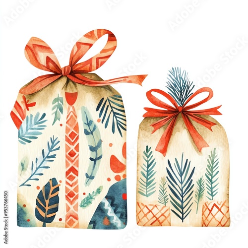 50. Boho Christmas gift bag clipart, decorated with tribal designs, watercolor illustration photo