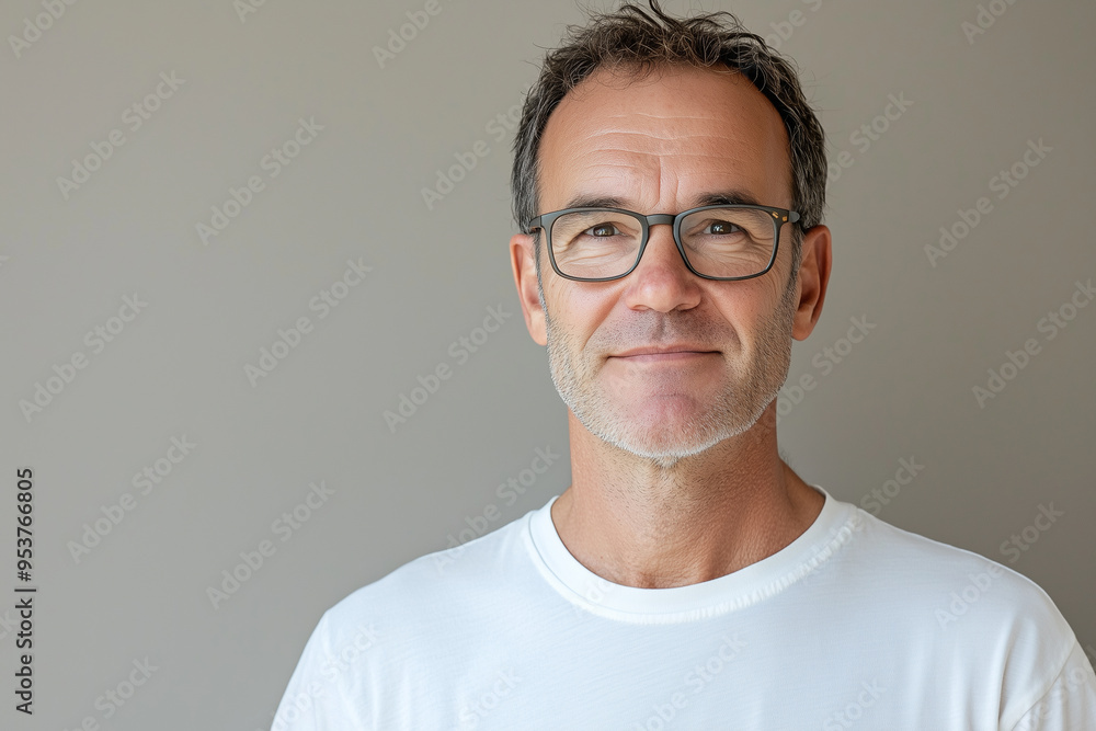 A middle-aged man with glasses looks straight ahead with a slight smile, white t-shirt A middle-aged man with glasses looks straight ahead with a slight smile, white t-shirt