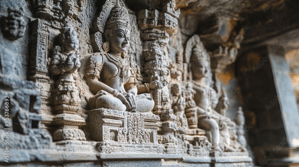 A close-up of the detailed stone reliefs on the walls of an ancient Indian cave temple. A close-up of the detailed stone reliefs on the walls of an ancient Indian cave temple.