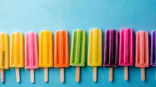 A high-quality AI-generated stock image of a selection of colorful popsicles on the right side, leaving ample space on the left for text. Perfect for summer promotions or frozen treats content. photo