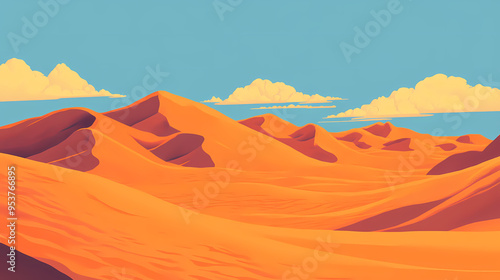 Flat minimalistic desert. wallpaper showing an orange desert with hills, mountains, sand, sky and clouds. vintage landscape background. Desert. Illustration