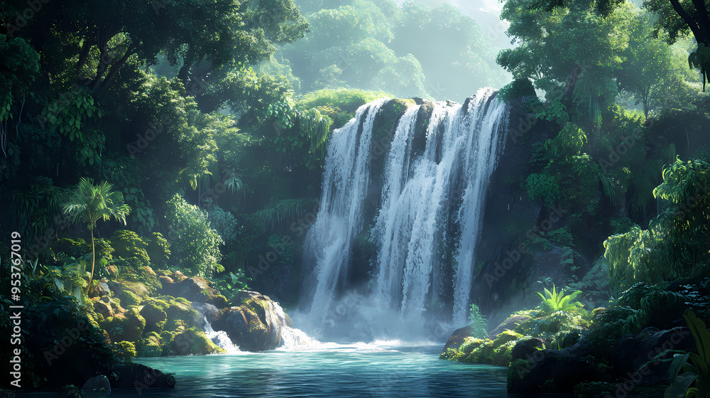 Beautiful waterfall in tropical jungle. cascade waterfall in green tree tropical forest. created with generative ai. Waterfall. Illustration Beautiful waterfall in tropical jungle. cascade waterfall in green tree tropical forest. created with generative ai. Waterfall. Illustration