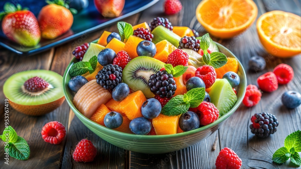 Colorful fruit salad with a mix of berries, citrus, and melon, rich in antioxidants, brain health focus Colorful fruit salad with a mix of berries, citrus, and melon, rich in antioxidants, brain health focus