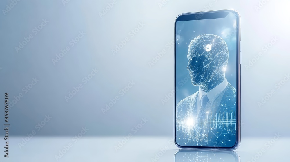 A futuristic smartphone displaying a digital representation of a human head, symbolizing technology and artificial intelligence. A futuristic smartphone displaying a digital representation of a human head, symbolizing technology and artificial intelligence.
