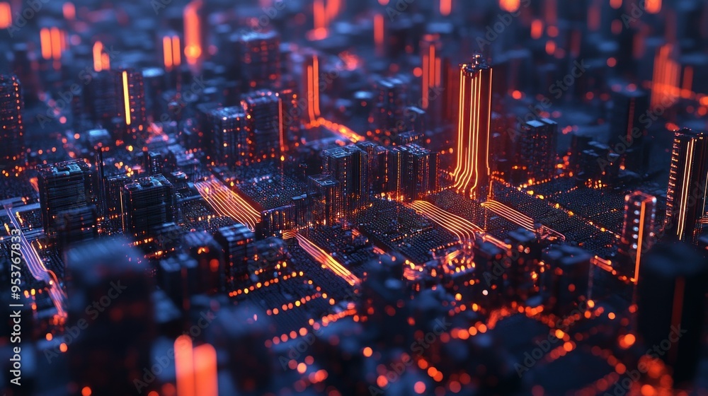 A Futuristic Cityscape with Glowing Orange Lines A Futuristic Cityscape with Glowing Orange Lines