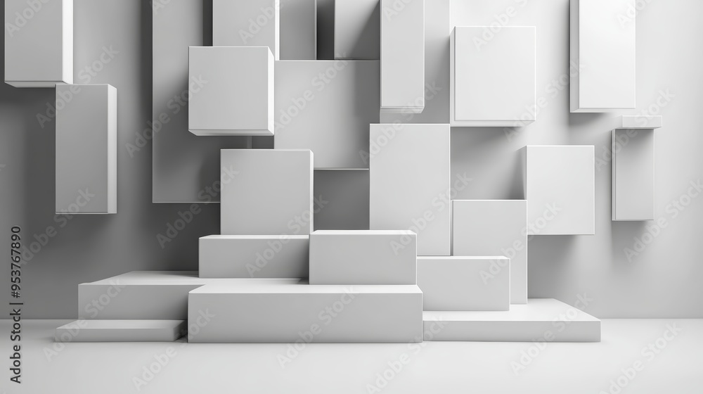 Abstract composition of white geometric shapes creating a modern wall design, perfect for minimalistic backgrounds and artistic concepts. Abstract composition of white geometric shapes creating a modern wall design, perfect for minimalistic backgrounds and artistic concepts.