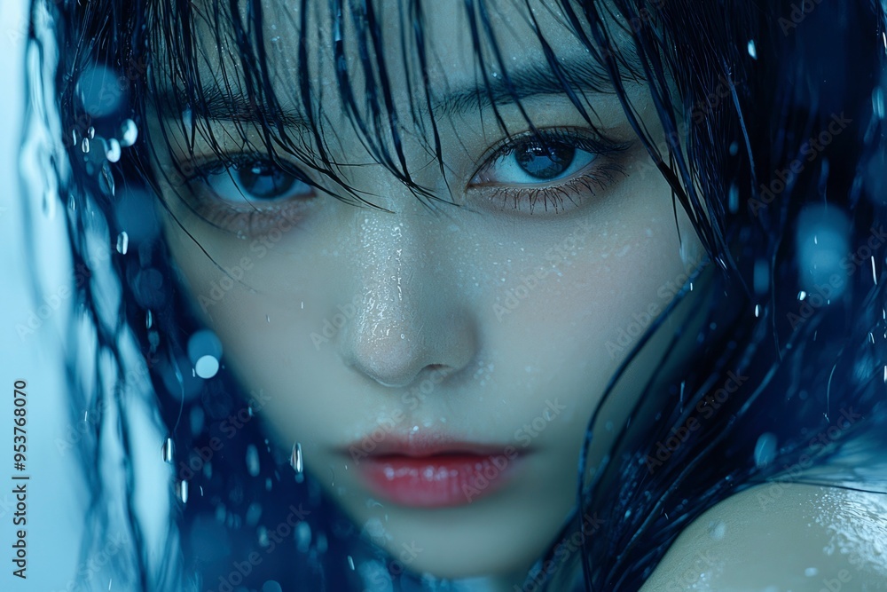 Close-up of a Woman's Face with Wet Hair and Raindrops