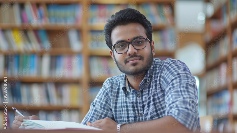 Fototapeta premium young indian college student studying at library