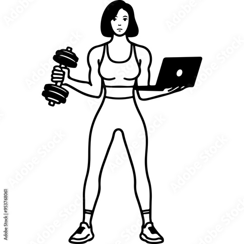 Woman Holding Dumbbell and Laptop.