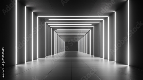 monochrome 3d render of a dark corridor tunnel led neon lighting reflection future modern interior architecture black silver grey gray backdrop