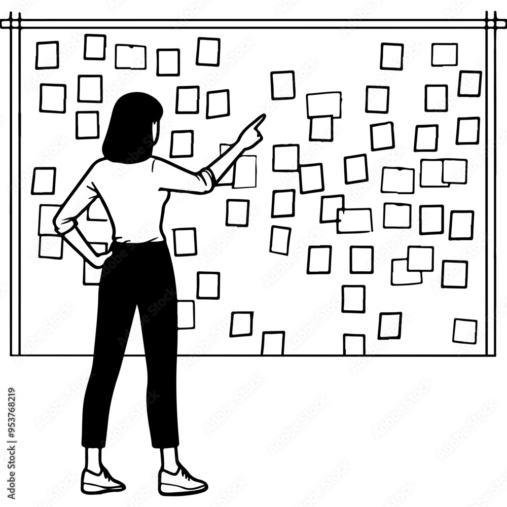 Woman Looking at Sticky Notes on Whiteboard. Woman Looking at Sticky Notes on Whiteboard.