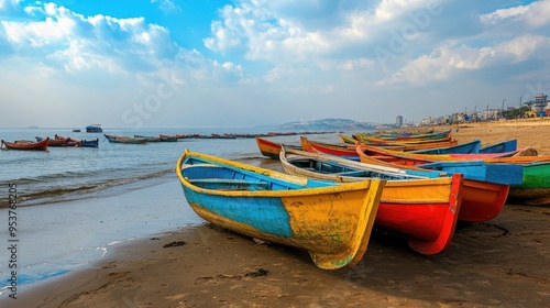 A deserted Versova Beach with its famous colorful fishing boats lined up along the shore. photo