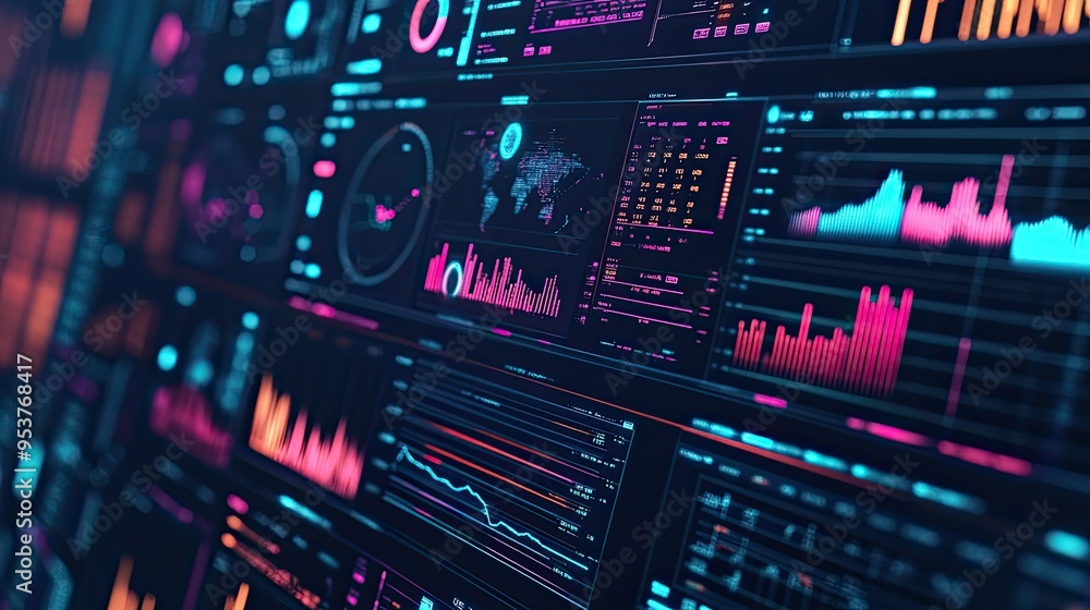A digital dashboard with various graphs and charts representing business analytics on a high-tech background. A digital dashboard with various graphs and charts representing business analytics on a high-tech background.